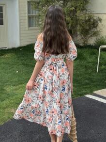 DAZY 少女花卉印花露肩荷叶边休闲迷你连衣裙，女孩夏季服装，返校服装 - 粉色 - 查看 3