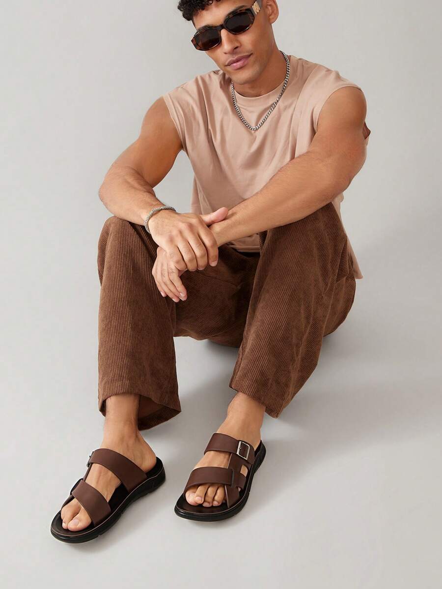 SHUZIA Top Seller Men's Buckle Decor Pu Brown Slide Sandals - Premium & Stylish. - Brown - View 1