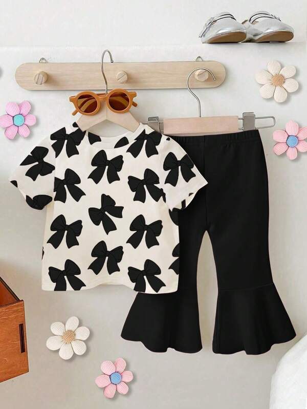 GraphicGems 2pcs Baby Girls' Casual Cute Bow Graphic Print Short Sleeve Round Neck T-Shirt And Flare Pants Set