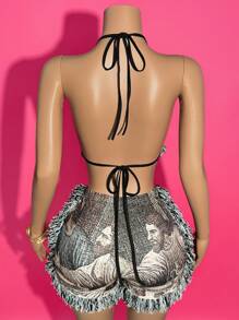 Slaydiva 2025 New Arrival Casual& Vacation Style 2pcs Plus Size Women Set - Personalized Print Sleeveless Crop Top With Tassels Hem & Matching Shorts Y2k Two Pieces Set Women's Two Pieces Set Club Y2k Two Pieces Set Women Two Pieces Set Festival Two Pieces Outfit Club Two Pieces Set Fringe Two Pieces Set - Multicolor - View 2