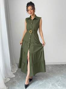 SHEIN PETITE Robe d'été décontractée pour femmes, couleur unie, sans manches, avec boutons - Militaire verte - Voir 7
