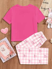 SHEIN Tween Girls Casual Minimalist Crew Neck Short Sleeve Shorts Pajama Set, Suitable For Summer - Multicolor - View 2