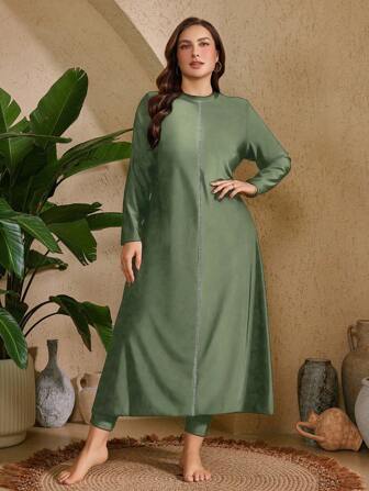 Swim Mulvari 2 件套加大码女式纯色比基尼泳装：条纹装饰中长款泳衣上衣和纯色泳裤