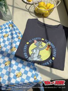 TOM AND JERRY X DAZY 加大码卡通印花宽松短袖上衣和全印花裤两件套女士睡衣套装 - 灰色 - 查看 3