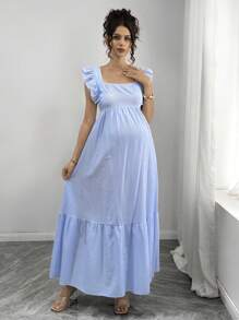 SHEIN 条纹长款方领荷叶边袖露背系腰休闲孕妇装 - 藍色 - 查看 3