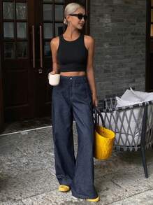 DAZY 女式宽松阔腿牛仔裤，西部牛仔装饰缝线，口袋，休闲街头风格夏季裤子