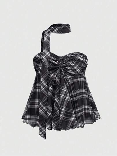 Kawaii Y2K Style Women's Cute Plaid Bow Halter Top With Neck Tie, Summer
