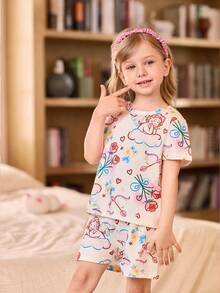 SHEIN Set de 3 piezas de pijama con diseño de dibujos animados para niñas pequeñas, ropa de dormir para el hogar - Blanco - Ver 8