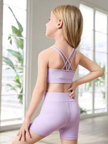 SHEIN Girl's Purple Solid Color Criss-Cross Back Design Tank Top And Tight Shorts Matching Sets, Stretch Fabric, Soft & Comfortable Sports Wear Girls Workout Set