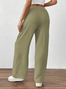 SHEIN PETITE Quần dài đơn giản màu trơn cho nữ - Màu xanh Ô liu - Xem 2