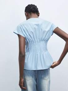 Maija 2025 Autumn/Winter New Blue Front Tie Bow Waist Pleated Shoulder Puff Sleeve Women's Blouse, Fashion, Elegant, Urban Romantic, Western Punk, Y2K, Country Music Festival, Vintage, Korean, Airport Travel, Street, Wedding Guest, Birthday, Halloween, Business Casual, Office, Date, Party, Outing, Back To School