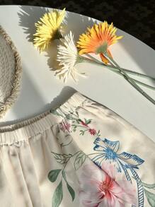 SHEIN Unity 女士印花休闲度假短裤，夏季海滩度假装 - 杏色 - 查看 5