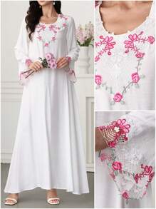 Al Najma 阿拉伯风格圆领喇叭袖彩色刺绣下摆喇叭裙，春夏季，端庄 - 白色 - 查看 3