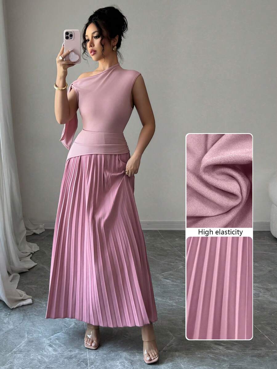 Modelyn Women's Asymmetrical Neck Tie Up Pleated Dress, Spring/Summer - Pink - View 1