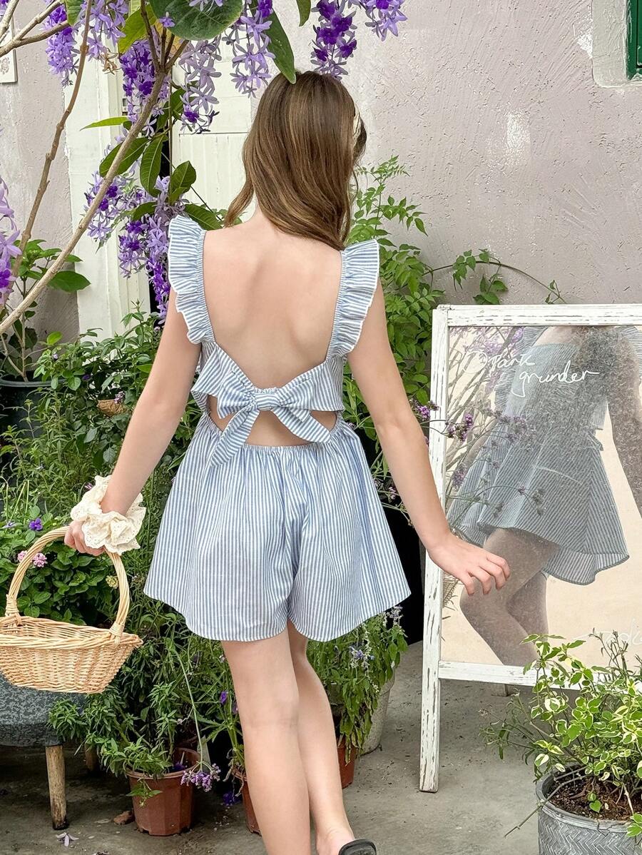 LMoss Kids LMoss Tween Girls Woven Striped Ruffle Hem Casual Romper - Blue and White - View 1