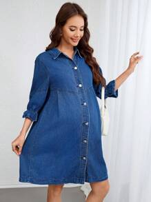 SHEIN Maternity Casual Ruffles Sleeve Single-Breasted Denim Dress