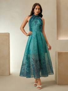 Anewsta New Summer Elegant Ruffle Spaghetti Strap Sleeveless A-Line Dress With Placement Print - Green - View 5