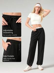 GLOWMODE Quần chạy bộ cạp rút có thể điều chỉnh, dáng rộng, giặt bằng lông cừu hàng ngày, có túi bên hông, mặc thường ngày - màu đen - Xem 3