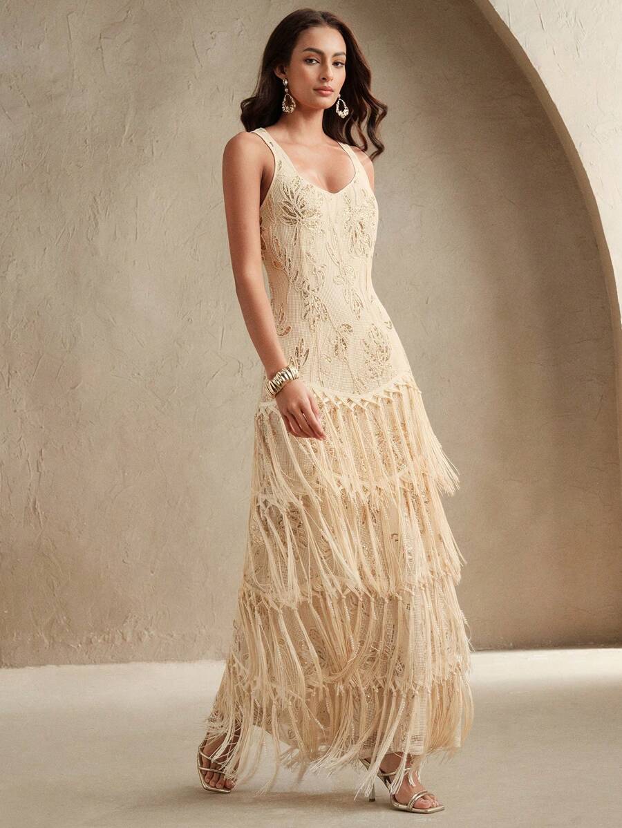 Anewsta Petite Đầm đuôi cá dáng suông thanh lịch, lãng mạn dành cho nữ, thích hợp cho mùa xuân/hè, thêu họa tiết và tua rua, phù hợp cho các bữa tiệc, hẹn hò, sang trọng, thanh lịch, đi biển, lễ hội, kỳ nghỉ, du lịch. - Màu be - Xem 1