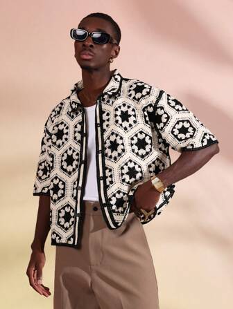 SUMWON 奢华短袖钩针拉链前夹克波西米亚风复古图案六边形针织冬春季节性时尚