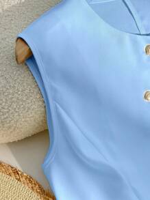 Franclia Femme Mode Blouse sans manches à simple boutonnage avec taille seyante et fausse poche, polyvalent pour un port quotidien - Bleu azur - Voir 6