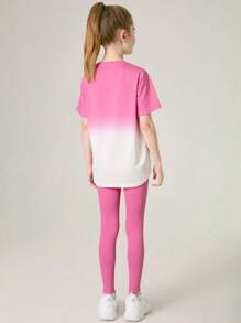 SHEIN Tween Girls 2 件套 T 恤 + 紧身裤，弹性瑜伽/运动/跑步运动服，彩色校园/街头时尚运动服 - 彩色 - 查看 2