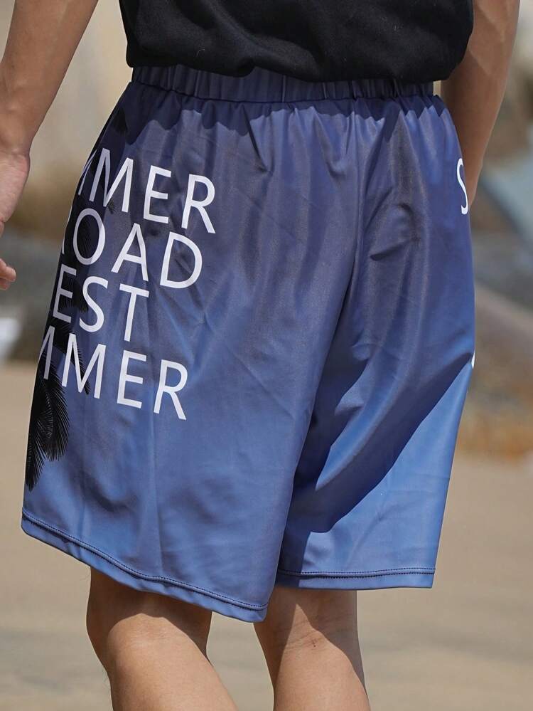 Men's Letter & Floral Print Beach Shorts, Summer Vacation, Hawaiian