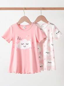 2 件套女婴云朵图案睡脸印花粉色全云设计袖口腿下摆迷你睡袍套装 - 彩色 - 查看 2