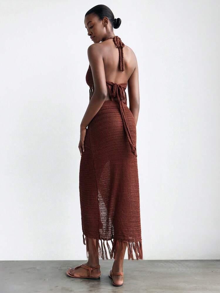 SHEIN Maija Women Vacation Casual Tasseled Hem Backless Halter Knitted Top & Skirt 2 Pieces Set