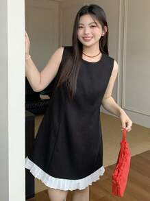 Dazy Plus 大码拼色下摆圆领无袖紧身短款夏季连衣裙，休闲女装 - 黑色 - 查看 4