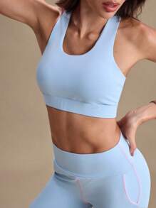 Gameset SHEIN Sport Women's Plain Color Racerback Yoga Sports Bra - Blue - View 6