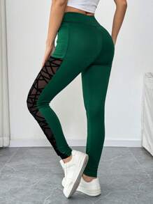 SHEIN LUNE Women's Semi-Transparent Patchwork Casual Pants Fall Cloth For Women - Green - View 2