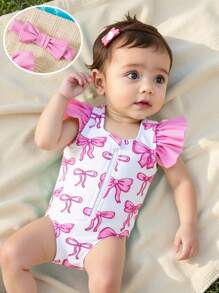 Newborn Baby Swimsuit - Adorable Bow Print Zipper One-Piece Swimwear With Headband, Ruffle Shoulder Straps - Multicolor - View 3