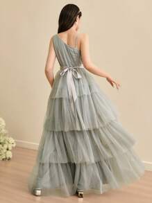 SHEIN Teen Girl Elegant Layered Tulle One Shoulder Cake Dress, For Bridesmaids, Valentine's Day, Teenagers, Flower Girls, Dance Recitals, Birthday Parties