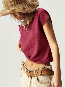 Bohemela Camiseta de mujer de cuello barco ajustada de unicolor lavada