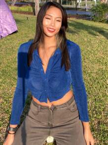DAZY Collared Ruched Cropped Tight Fit Street-Style Long Sleeve T-Shirt - Royal Blue - View 3