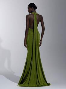 Elitara Elegante, romántico, sexy, minimalista, verde, de tela de punto, cuello halter, ajustado, cola de pez, de moda, estilo influencer, vestido para fiesta, cumpleaños, evento de boda, dama de honor