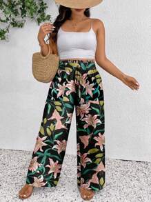 SHEIN Frenchy Plus Size Floral Print Casual Pants, Suitable For Summer,Summer Pants