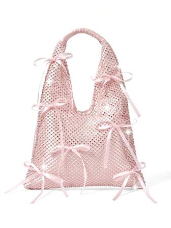 Goth Borsa da donna casual con manico superiore rosa, con fiocco soffice, in stile Y2K