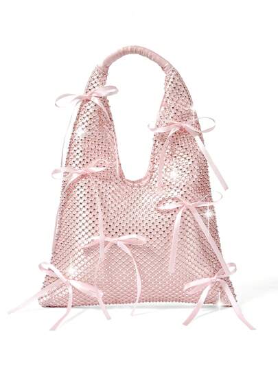 Goth Flowy Bowknot Cute Y2K Casual Pink Top Handle Bag, Cute Bow Bag For Women