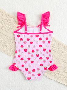 Baby Girls Cute Strawberry Ruffle Trim One-Piece Swimsuit - Pink - View 2