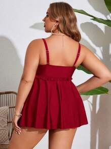 Swim Lushoire Conjunto de tankini de talla grande para mujer con tirantes finos y falda - Rojo - Ver 2