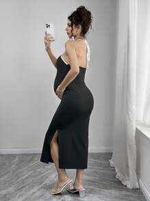 SHEIN Vestido de premamá sin mangas con cuello de halter, abertura en color en bloque, tirantes finos y espalda abierta - Negro - Ver 3