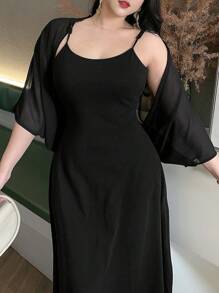Dazy Plus Plus Size Solid Color Sheer Raglan Sleeve Cover Up - Black - View 3