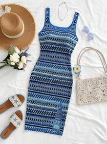 Soleia Women Casual Wave Striped Square Neck Slip Dress Spring Summer Outfits For Women Boho Beach West Music Festival Holiday Date Night Afternoon Tea Blue Knit Dress Blue Summer Dress Bodycon Dress Striped Knit Dress Tummy Control Dress