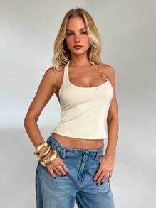 Aloruh Women's Summer Casual Daily Sleeveless Top With Round Ring & Chain Design - Apricot - View 6