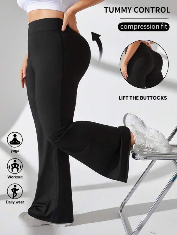 SHEIN Sport Studio Plus Size Women Solid Color High Waist Flared Leg Sport Pants