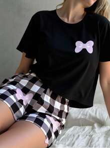 SHEIN 2pcs Teen Pajamas Set, Black Top With Blue Bow Accent, Paired With Purple Bow And Checkered Print Purple Shorts, Stretchy And Breathable Knit Fabric, Machine Washable, Comfortable And Easy Care (1 Sets Sold Separately) - Multicolor - View 11