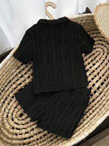 Cozy Pixies 2pcs Toddler Kids Casual Short Sleeve Polo Collar Pullover Sweater And Shorts Set, Black, Soft Knit, All-Match Matched, Suitable For Leisure, Home, Travel