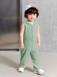 Baby Sleeveless Hooded Jumpsuit Set, Green Summer Solid Color Casual All-Match For Indoor/Outdoor - Green - View 1